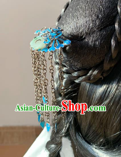 Chinese Handmade Blue Butterfly Hair Stick Traditional Ancient Qing Dynasty Jade Tassel Hairpin