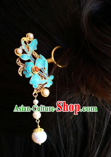 Chinese Handmade Pearls Tassel Hair Stick Traditional Ancient Qing Dynasty Filigree Golden Hairpin
