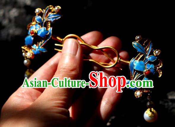 Chinese Handmade Pearls Tassel Hair Stick Traditional Ancient Qing Dynasty Filigree Golden Hairpin
