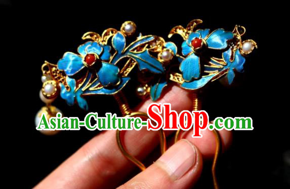 Chinese Handmade Pearls Tassel Hair Stick Traditional Ancient Qing Dynasty Filigree Golden Hairpin