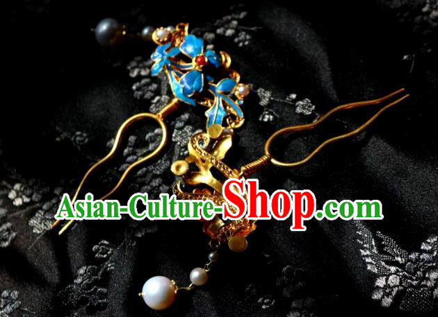 Chinese Handmade Pearls Tassel Hair Stick Traditional Ancient Qing Dynasty Filigree Golden Hairpin