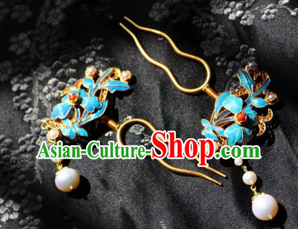 Chinese Handmade Pearls Tassel Hair Stick Traditional Ancient Qing Dynasty Filigree Golden Hairpin