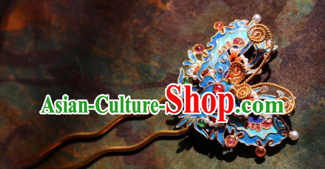 Chinese Handmade Tourmaline Gems Hair Stick Traditional Ancient Qing Dynasty Blueing Butterfly Hairpin