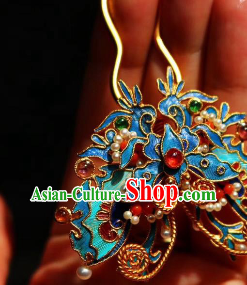 Chinese Handmade Tourmaline Gems Hair Stick Traditional Ancient Qing Dynasty Blueing Butterfly Hairpin