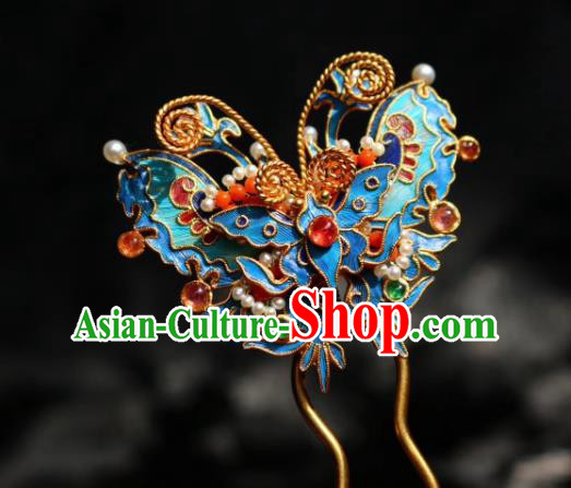 Chinese Handmade Tourmaline Gems Hair Stick Traditional Ancient Qing Dynasty Blueing Butterfly Hairpin
