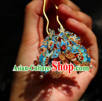 Chinese Handmade Tourmaline Gems Hair Stick Traditional Ancient Qing Dynasty Blueing Butterfly Hairpin
