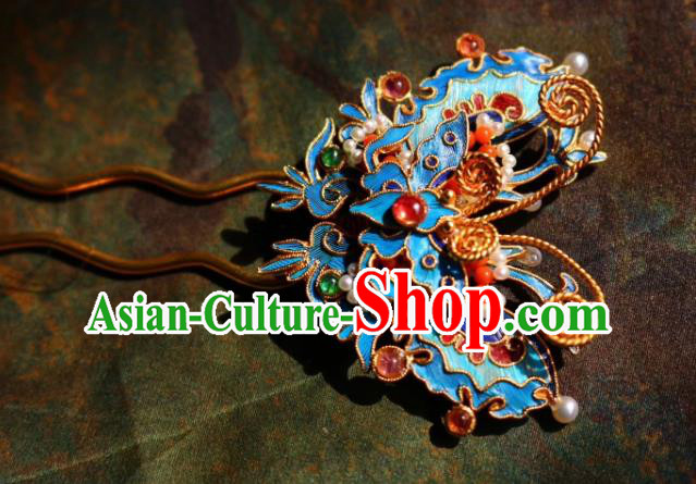 Chinese Handmade Tourmaline Gems Hair Stick Traditional Ancient Qing Dynasty Blueing Butterfly Hairpin