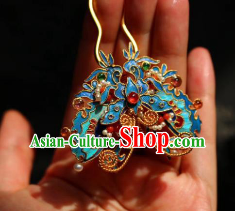 Chinese Handmade Tourmaline Gems Hair Stick Traditional Ancient Qing Dynasty Blueing Butterfly Hairpin