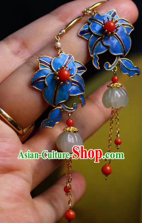 China Classical Jade Ear Jewelry Traditional Cheongsam Blueing Flower Tassel Earrings