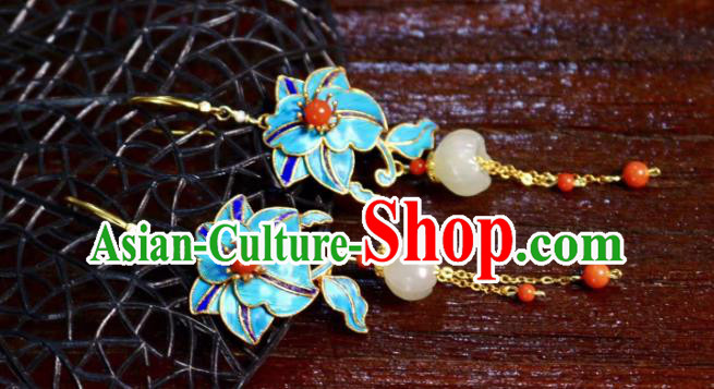 China Classical Jade Ear Jewelry Traditional Cheongsam Blueing Flower Tassel Earrings