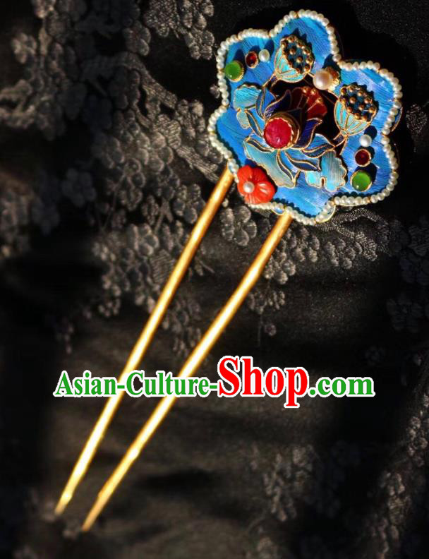 Chinese Handmade Gems Hair Stick Traditional Ancient Qing Dynasty Imperial Consort Blueing Lotus Hairpin