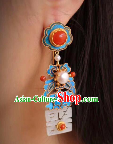 China Classical Wedding Jade Ear Jewelry Traditional Cheongsam Blueing Agate Earrings