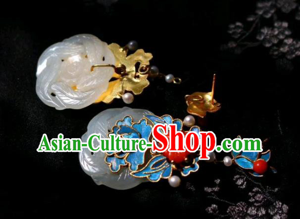 China Classical Jade Ear Jewelry Traditional Cheongsam Coral Beads Pearl Earrings