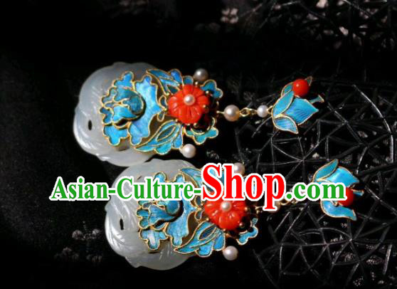 China Classical Jade Ear Jewelry Traditional Cheongsam Coral Beads Pearl Earrings