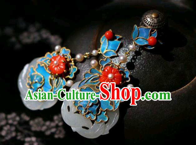 China Classical Jade Ear Jewelry Traditional Cheongsam Coral Beads Pearl Earrings