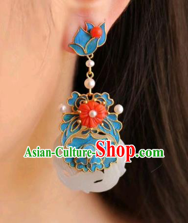 China Classical Jade Ear Jewelry Traditional Cheongsam Coral Beads Pearl Earrings