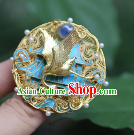 China Handmade Golden Crane Brooch Accessories Traditional Ancient Qing Dynasty Filigree Jewelry