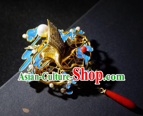 China Traditional Ancient Qing Dynasty Cloisonne Agate Jewelry Handmade Golden Crane Brooch Accessories