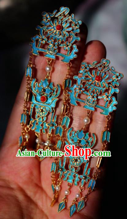 China Classical Cloisonne Chrysanthemum Ear Jewelry Traditional Cheongsam Pearls Tassel Earrings