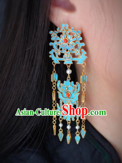 China Classical Cloisonne Chrysanthemum Ear Jewelry Traditional Cheongsam Pearls Tassel Earrings