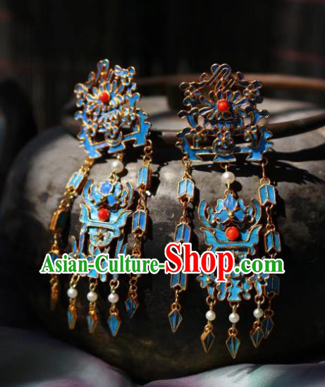 China Classical Cloisonne Chrysanthemum Ear Jewelry Traditional Cheongsam Pearls Tassel Earrings