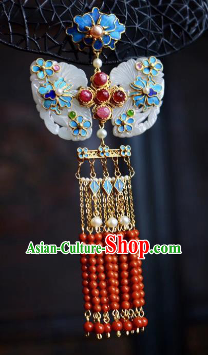 China Handmade Jade Brooch Jewelry Traditional Qing Dynasty Red Beads Tassel Pendant Accessories