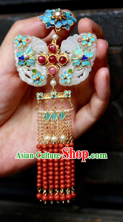 China Handmade Jade Brooch Jewelry Traditional Qing Dynasty Red Beads Tassel Pendant Accessories