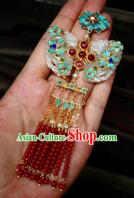China Handmade Jade Brooch Jewelry Traditional Qing Dynasty Red Beads Tassel Pendant Accessories