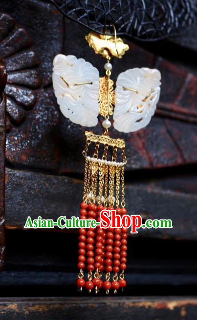 China Handmade Jade Brooch Jewelry Traditional Qing Dynasty Red Beads Tassel Pendant Accessories