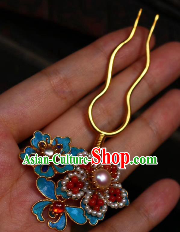 Chinese Handmade Hair Stick Traditional Ancient Qing Dynasty Court Pearls Plum Hairpin