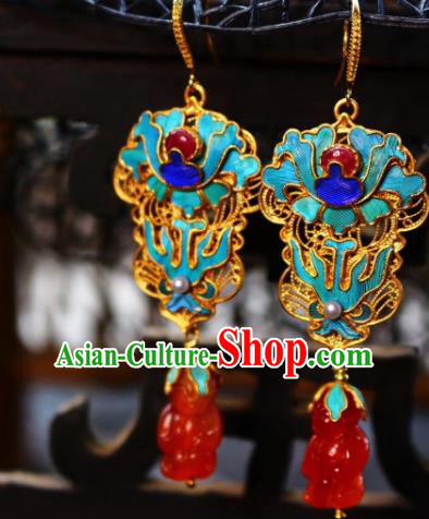 China Classical Qing Dynasty Blueing Agate Ear Jewelry Traditional Cheongsam Earrings