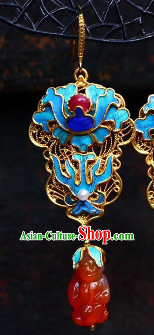 China Classical Qing Dynasty Blueing Agate Ear Jewelry Traditional Cheongsam Earrings