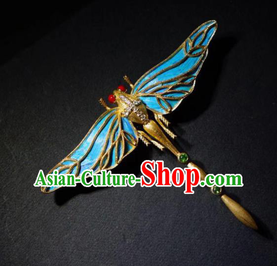 China Traditional Qing Dynasty Emerald Jewelry Handmade Ancient Court Blueing Dragonfly Brooch Accessories
