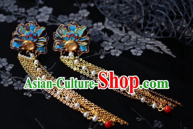 China Classical Topaz Ear Jewelry Traditional Cheongsam Blueing Pearls Tassel Earrings