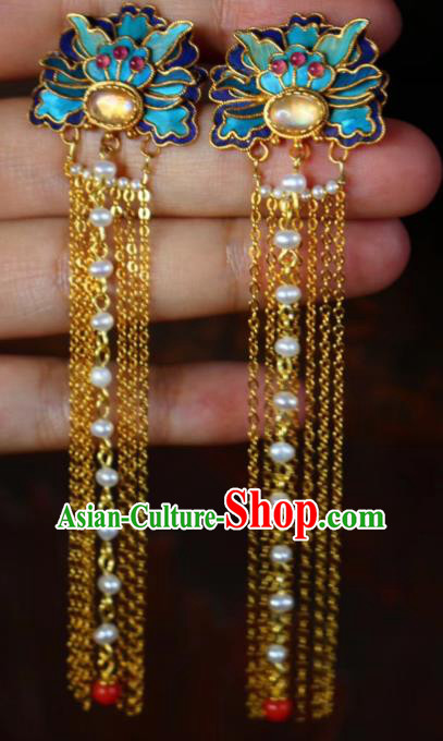 China Classical Topaz Ear Jewelry Traditional Cheongsam Blueing Pearls Tassel Earrings