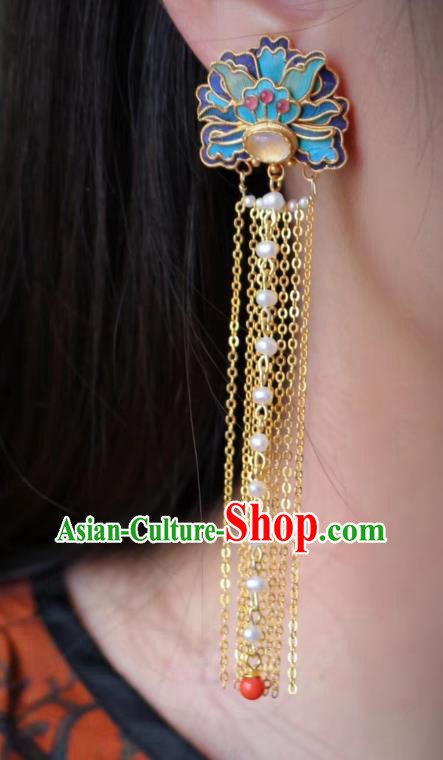 China Classical Topaz Ear Jewelry Traditional Cheongsam Blueing Pearls Tassel Earrings