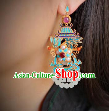China Classical Garnet Pearls Ear Jewelry Traditional Cheongsam Wedding Jade Earrings