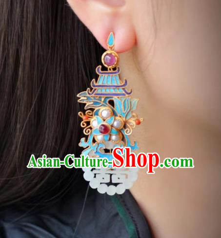 China Classical Garnet Pearls Ear Jewelry Traditional Cheongsam Wedding Jade Earrings