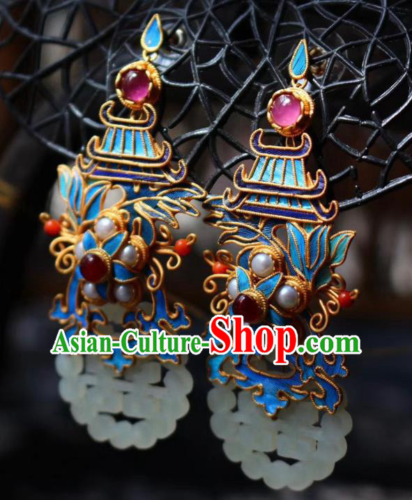 China Classical Garnet Pearls Ear Jewelry Traditional Cheongsam Wedding Jade Earrings