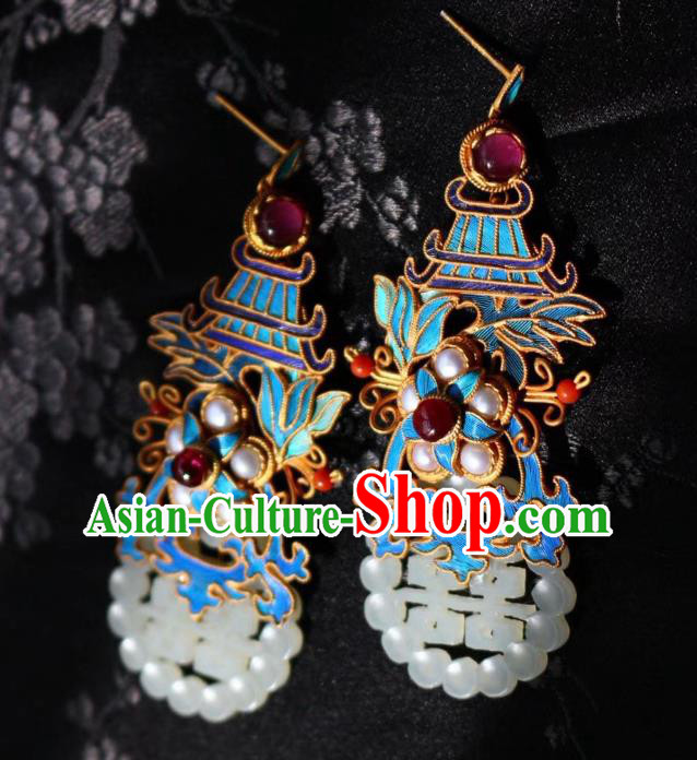 China Classical Garnet Pearls Ear Jewelry Traditional Cheongsam Wedding Jade Earrings