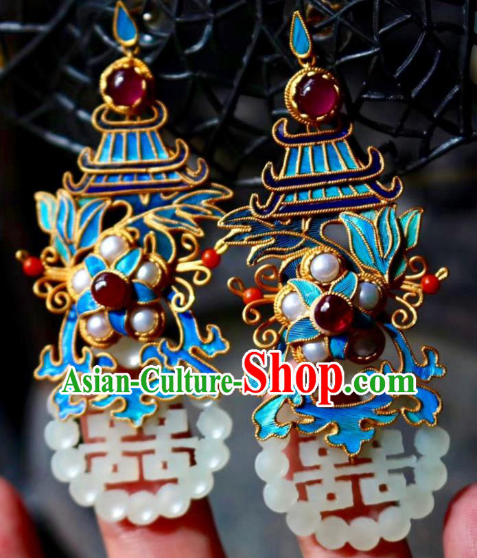 China Classical Garnet Pearls Ear Jewelry Traditional Cheongsam Wedding Jade Earrings