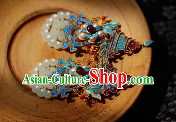 China Classical Garnet Pearls Ear Jewelry Traditional Cheongsam Wedding Jade Earrings