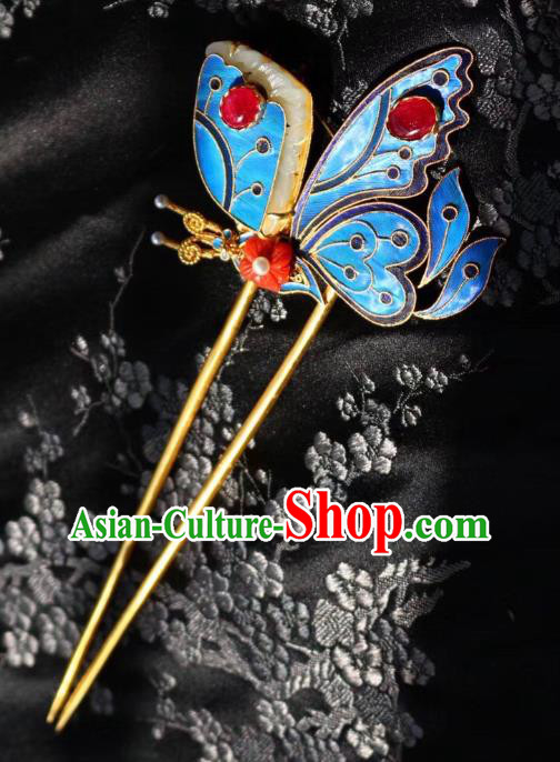 Chinese Handmade Garnet Hair Stick Traditional Ancient Qing Dynasty Cloisonne Butterfly Hairpin
