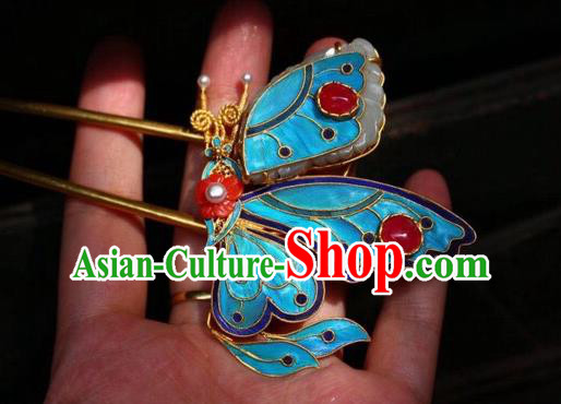 Chinese Handmade Garnet Hair Stick Traditional Ancient Qing Dynasty Cloisonne Butterfly Hairpin