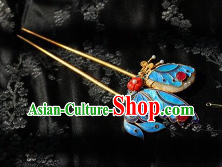 Chinese Handmade Garnet Hair Stick Traditional Ancient Qing Dynasty Cloisonne Butterfly Hairpin