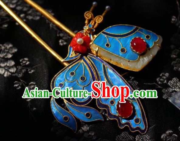 Chinese Handmade Garnet Hair Stick Traditional Ancient Qing Dynasty Cloisonne Butterfly Hairpin