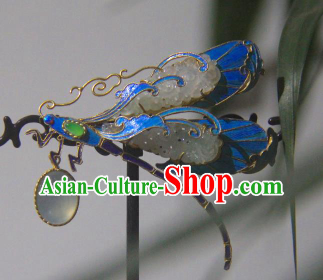 China Handmade Ancient Court Blueing Dragonfly Brooch Accessories Traditional Qing Dynasty Jade Jewelry