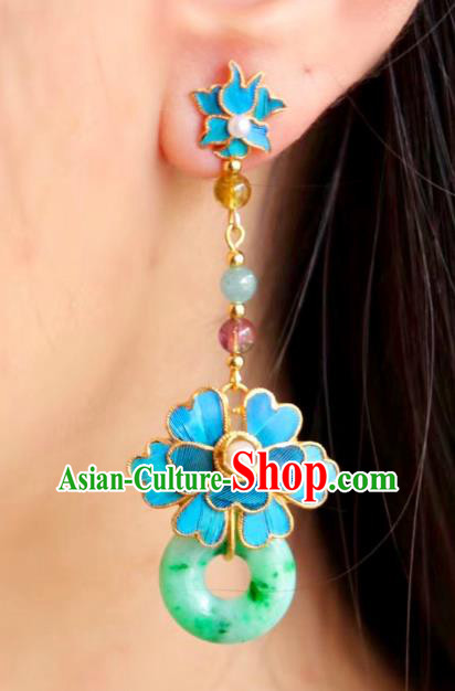 China Classical Jadeite Ear Jewelry Traditional Cheongsam Blue Flower Earrings