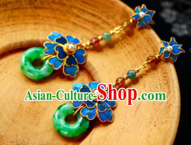 China Classical Jadeite Ear Jewelry Traditional Cheongsam Blue Flower Earrings