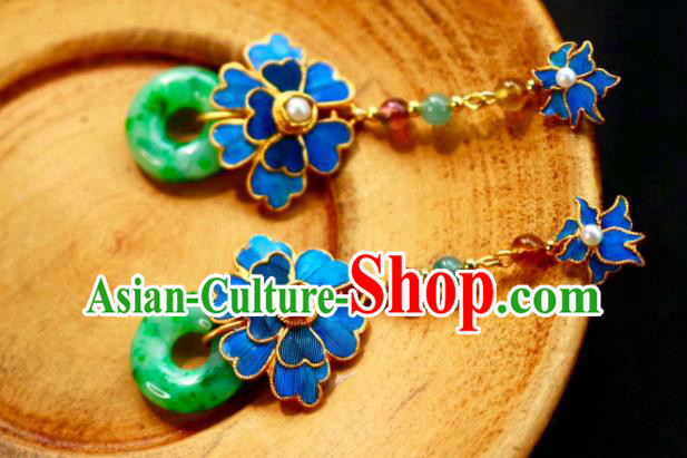 China Classical Jadeite Ear Jewelry Traditional Cheongsam Blue Flower Earrings